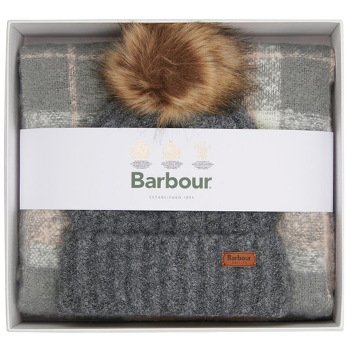 Grey Barbour Womens Saltburn Beanie & Tartan Scarf Set