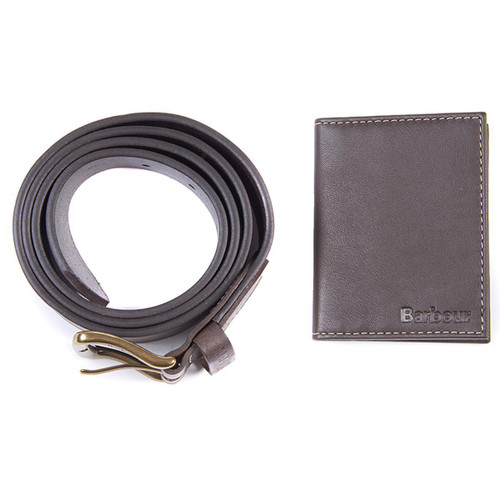 Dark Brown Barbour Mens Leather Belt & Billfold Wallet Gift Set