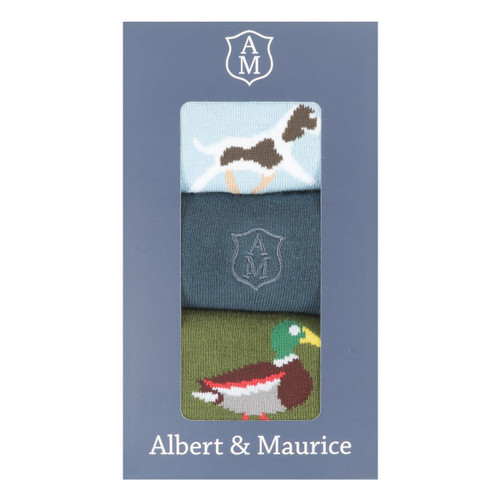 Blue Logo / Light Blue Dog / Green Duck Albert and Maurice Mens Socks Gift Set Pack Of 3