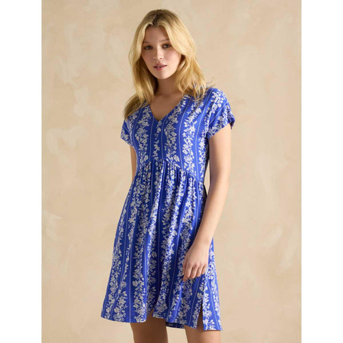 Blue Floral Joules Womens Short Nia V-Neck Dress On Model