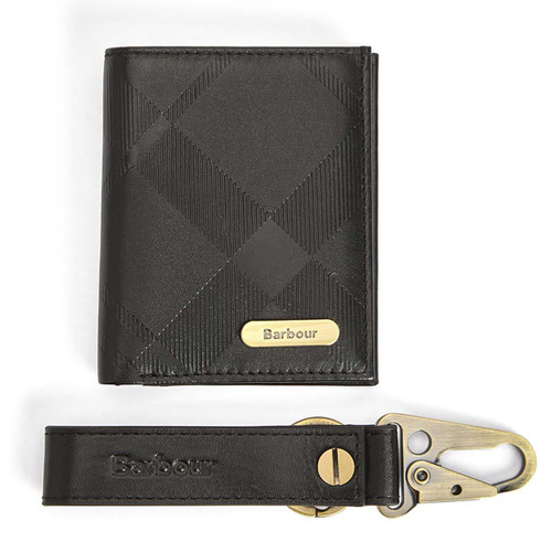 Black Tartan Emboss Barbour Mens Brunton Leather Gift Set