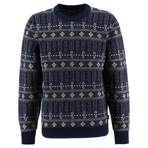 Inky Blue Barbour Mens Grangetown Fair Isle Crew Neck Sweater