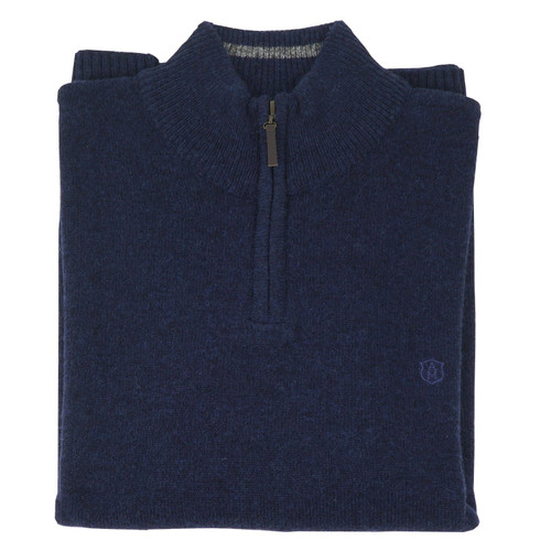 Albert and Maurice Mens Netherton Midnight Blue Lambswool Zip Neck Jumper