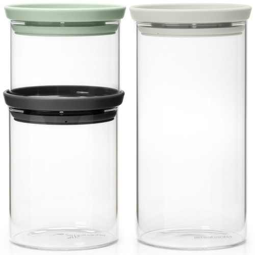 Light Grey/Dark Grey/Jade Green Brabantia Set of 3 Stackable Glass Jars