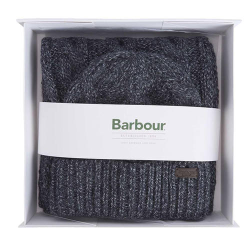Navy Barbour Mens Jesmond Beanie and Scarf Gift Set