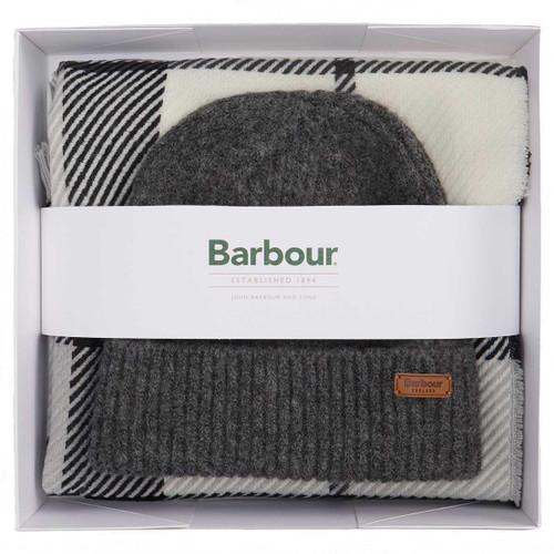 Monochrome Barbour Womens Pendle Beanie and Blaire Scarf Gift Set Unboxed box