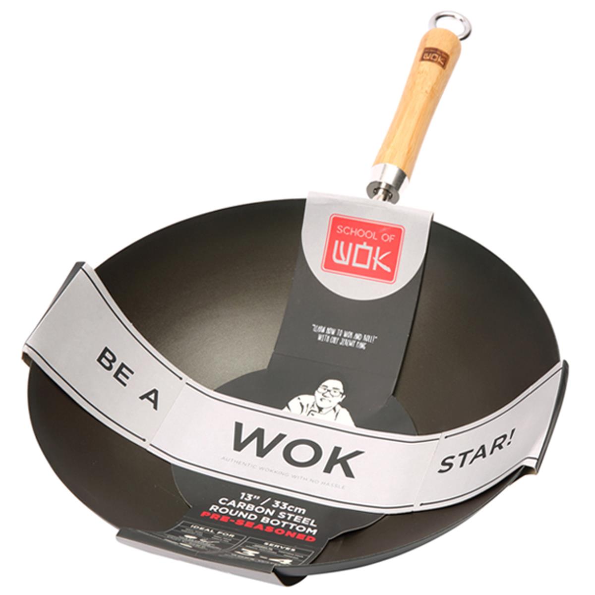 School of Wok 33cm Round Bottom Pre-Seasoned Carbon Steel Wok