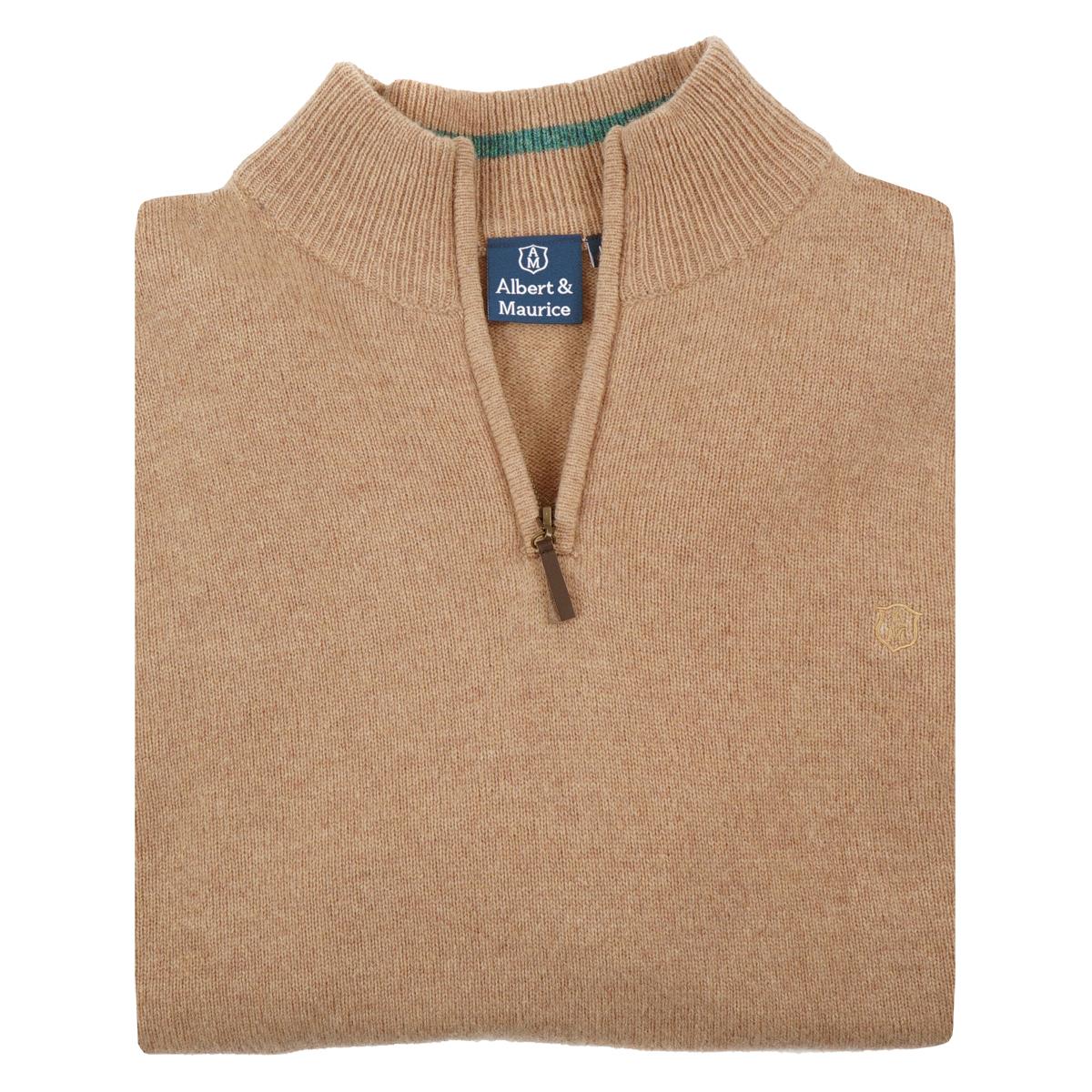 Albert and Maurice Netherton Sand Oatmeal Lambswool Zip Neck Jumper