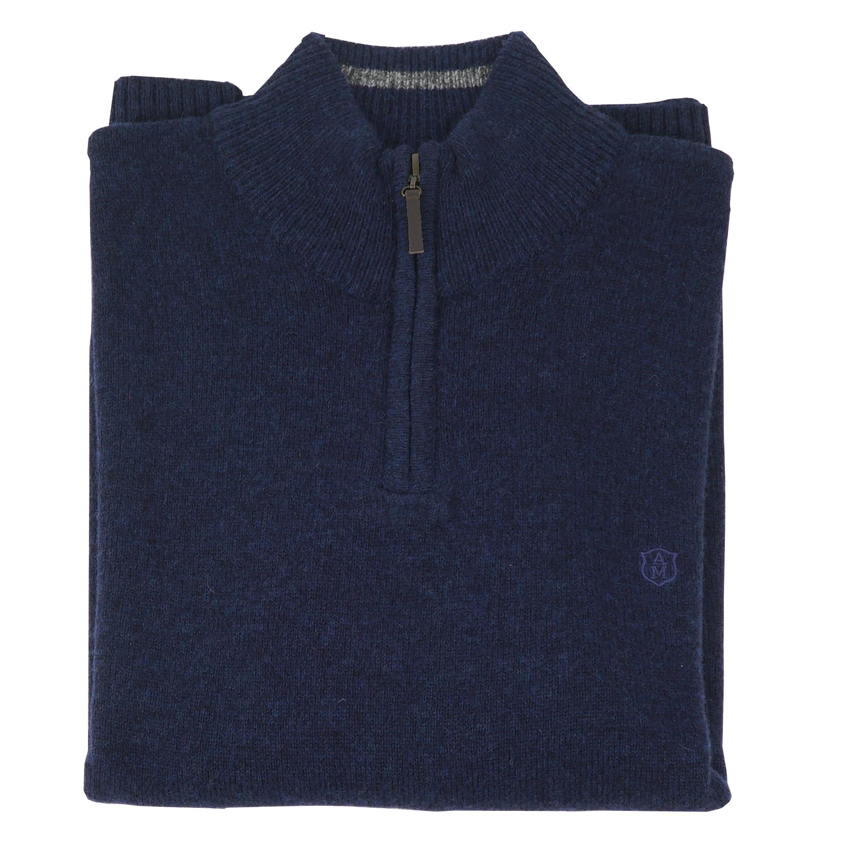 Albert and Maurice Mens Netherton Midnight Blue Lambswool Zip Neck Jumper