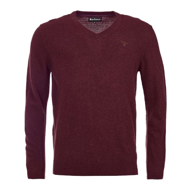 Image of Barbour Mens Essential Lambswool V Neck Sweater Merlot Small