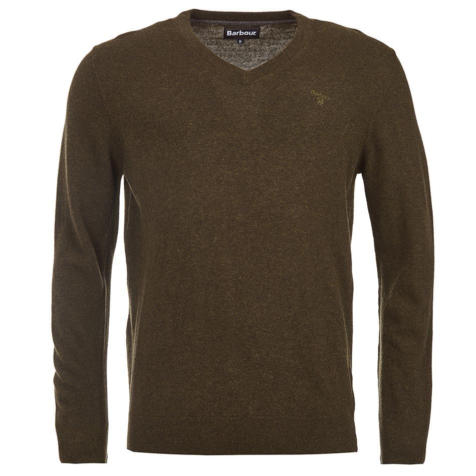 Image of Barbour Mens Essential Lambswool V Neck Sweater Olive Marl Small