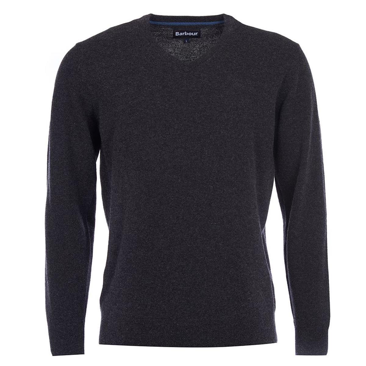 Image of Barbour Mens Essential Lambswool V Neck Sweater Charcoal Medium