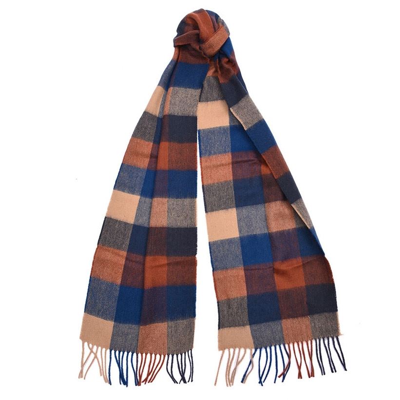 Image of Barbour Unisex Large Tattersall Scarf Navy/Camel