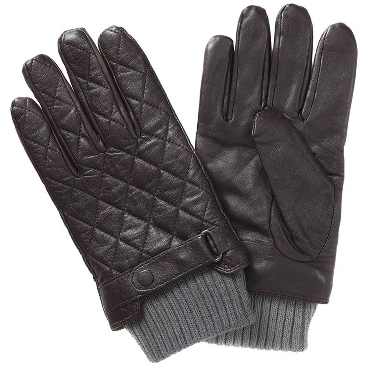 Image of Barbour Mens Quilted Leather Glove Dark Brown Large