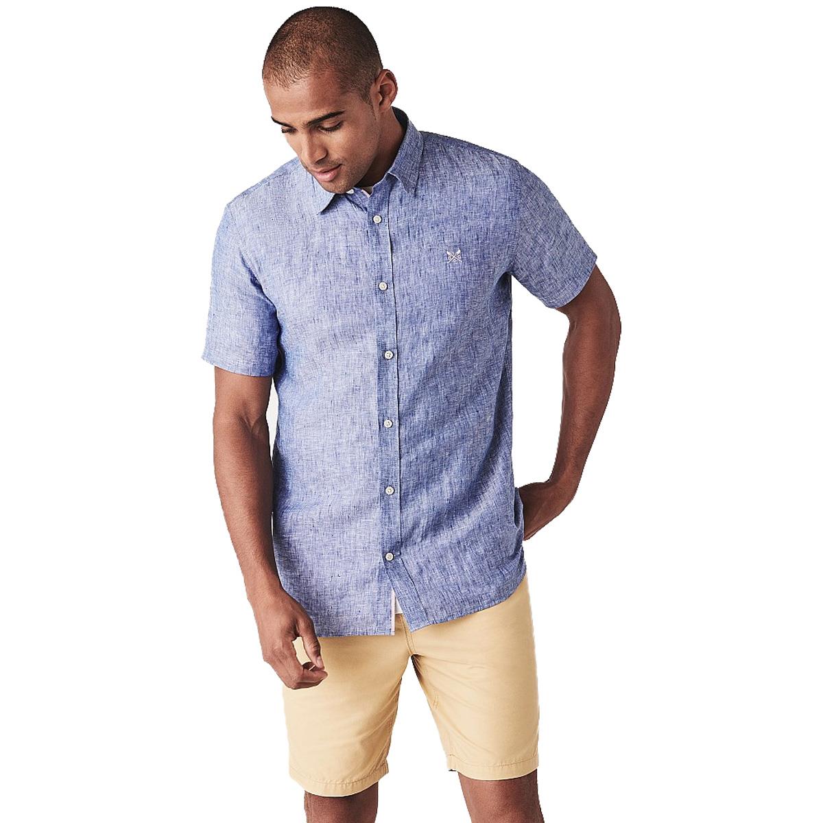 Image of Crew Clothing Mens Short Sleeve Linen Shirt Deep Cobalt Medium