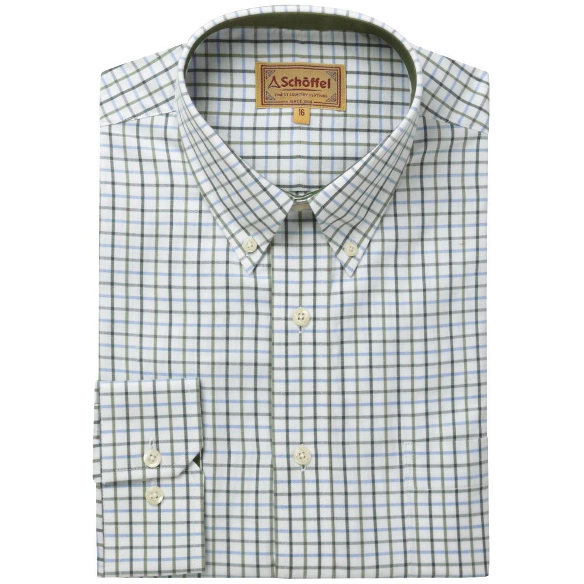 Image of Schoffel Mens Banbury Shirt Blue/Olive Check 17.5 Inch