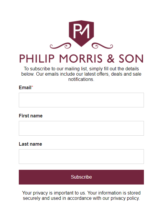 Philip Morris & Son email subscription signup