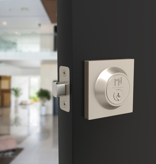 Square deadbolt in satin nickel – modern minimalist door lock by Mega Handles