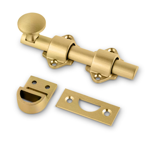 Dutch door bolt in satin brass – versatile modern surface bolt by Mega Handles Dutch door bolt in satin brass – versatile modern surface bolt by Mega Handles