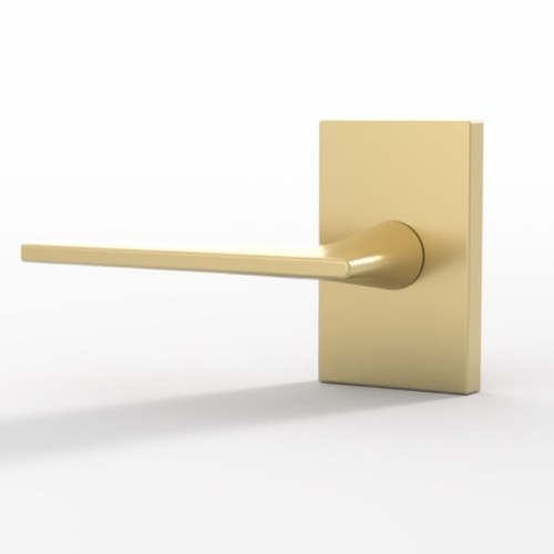 Italian-inspired Apex slim razor-thin door lever with rectangular rosette in satin brass finish Italian-inspired Apex slim razor-thin door lever with rectangular rosette in satin brass finish
