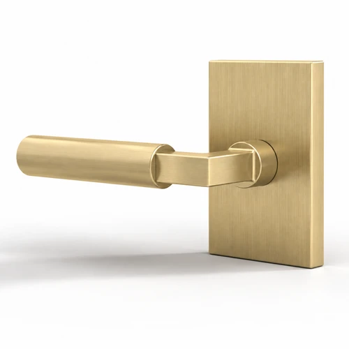 Camden satin brass cylindrical door lever with vertically brushed rectangular rosette