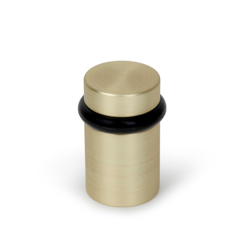 Round floor-mounted door stopper in satin brass – modern minimalist door hardware by Mega Handles