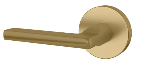 Ralph modern round rosette door lever with smooth curved edge in satin brass finish Ralph modern round rosette door lever with smooth curved edge in satin brass finish