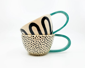 JELKA & RIHARD - Handmade Ceramic Coffee Mug with Turquoise Handle and Dotted Design - Gift for mom, anniversary gift, wedding gift
