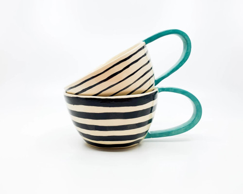 AVGUSTA & TONE Handmade, ceramic coffee mug, turquoise, ceramic tea cup, stripes, mother’s day present, father’s day gift