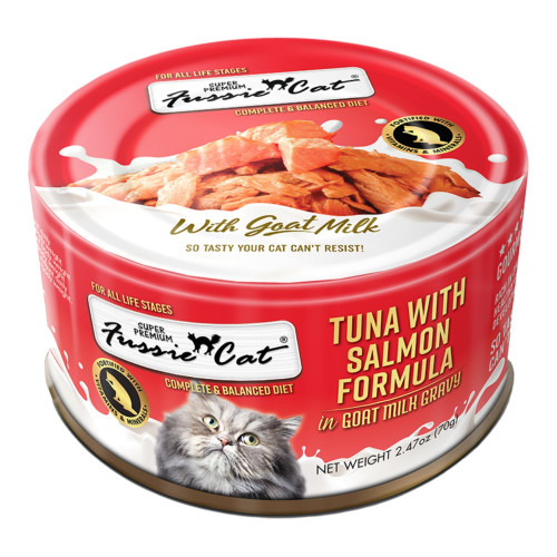 Fussie Cat Premium Tuna with Salmon in Goat milk Gravy 2.47oz.