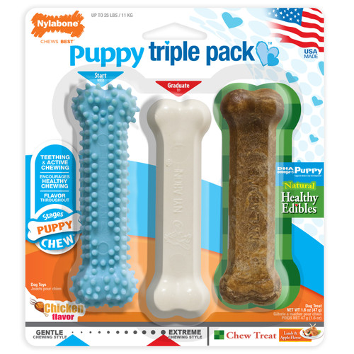 Nylabone Puppy Chew Variety Toy and Treat Triple Pack 3 Count Small/Regular - Up To 25 Ibs.
