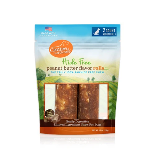 Canine Natural Hide Free 4inch Peanut Butter  Med Roll 2Pk