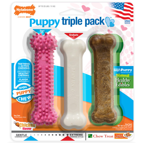 Nylabone Puppy Chew Variety Toy and Treat Triple Pack Chicken and Lamb Starter Kit Small/Regular - Up To 25 Ibs.
