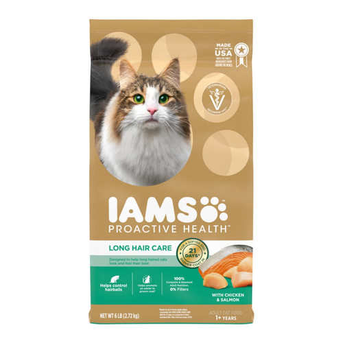 IAMS ProActive Health Adult Long Hair Dry Cat Food Chicken  Salmon, 1ea/6 lb