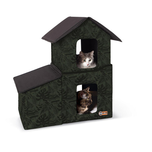 K&H Pet Products Outdoor Two-Story Kitty House with Dining Room Unheated Green 22" x 27" x 27"