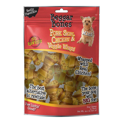 Savory Prime Beggar Bones Pork Skin, Chicken and Veggie Wraps Dog Treats 13.1 Oz, 21 Pk