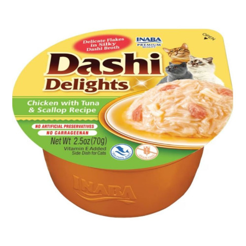 Inaba Dashi Delighrs Chicken with Tuna & Scallop Flavored Bits in Broth Cat Food Topping 2.5 oz