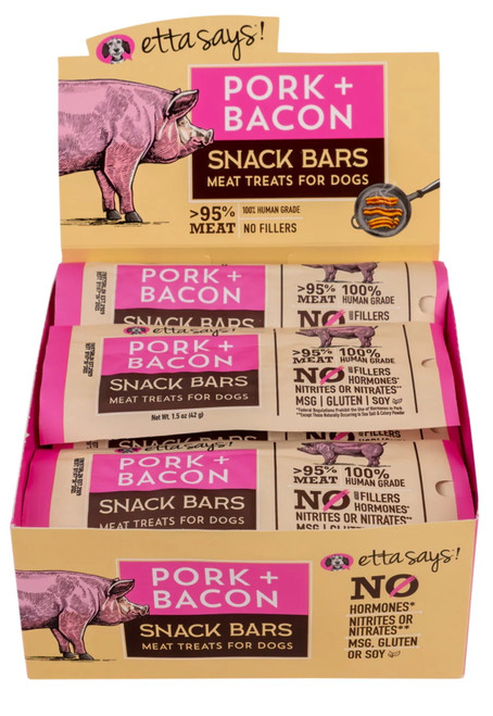 Etta Says! Meat Snack Bar Dog Treat Display Pork & Bacon 1.5 Oz. 12 Count