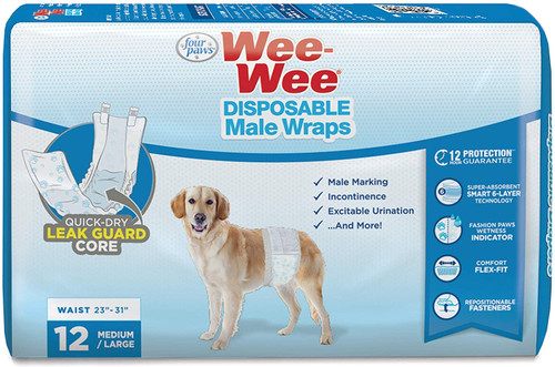 Four Paws Wee Wee Disposable Male Dog Wraps Medium/Large - 12 Pack - (Fits Waists 15"-29.5")