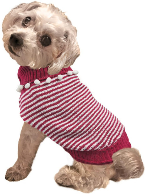 Fashion Pet Pom Pom Stripe Dog Sweater Raspberry Medium