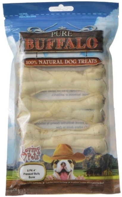 Loving Pets Pure Buffalo Dog Treats - Pressed Bully Bone 4" Bones (5 Pack)