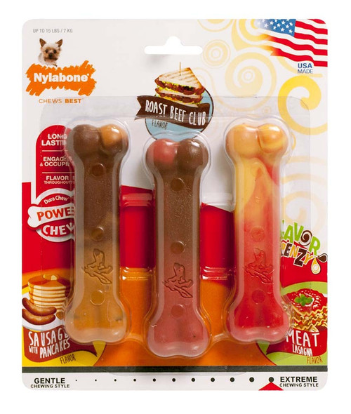 Nylabone Flavor Frenzy Power Chew Triple Pack Sausage, Pancake, Roast Beef Club and Meat Lasagna Flavor X-Small/Petite - Up To 15 Lb