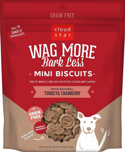 Cloud Star Wag More Bark Less Grain Free Mini Oven Baked Turkey & Cranberry Flavor Dog Treats, 7 oz. Tan,Grey