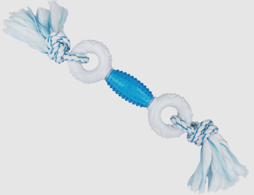 Multipet Canine Clean Peppermint Dumbbell With Tpr Core and Rope Ends Dog Toy Rope With Dumbbell Blue, White 11 In