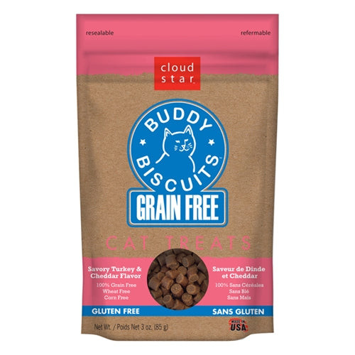 Cloud Star Grain-Free Buddy Biscuits with Savory Turkey & Cheddar Cat Treats, 3-oz. bag