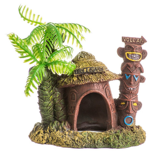 Blue Ribbon Exotic Environments Betta Hut with Palm Tree Aquarium Ornament 4"L x 2.75"W x 3.25"H