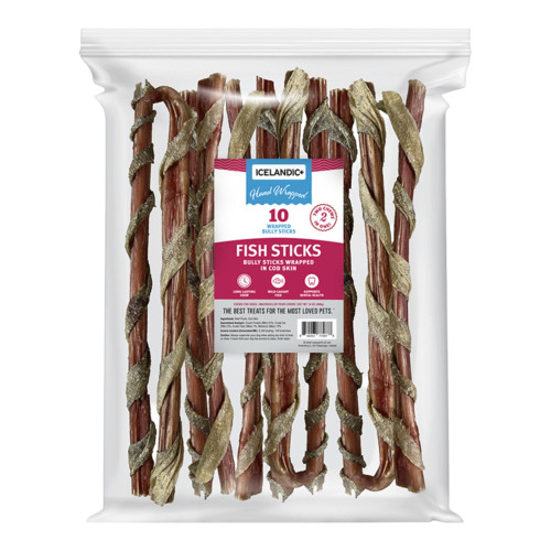Icelandic Dog Bully Stick Wrapped With Fish Skin 12" Bulk - 10 Pack