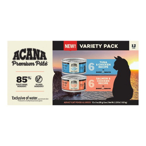 Acana Cat Grain Free Premium Pate Variety - (Case of 12) Salmon & Chicken Recipe (6) + Tuna & Chicken Recipe (6) 3oz.