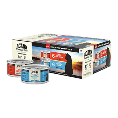 Acana Cat Grain Free Premium Pate Variety - (Case of 12) Beef Chicken & Tuna Recipe (6) + Tuna & Chicken Recipe (6) 3oz.