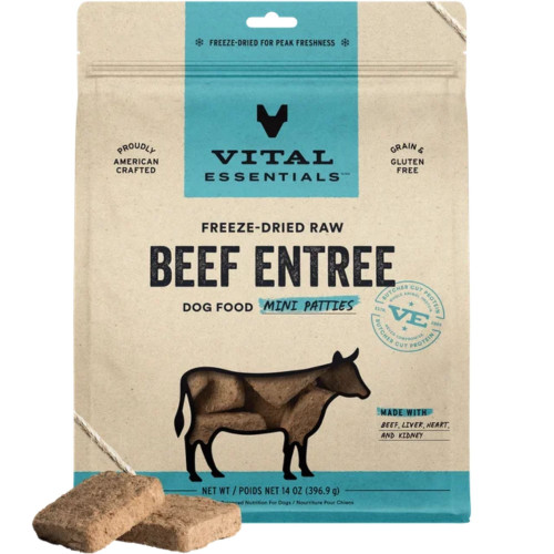 Vital Essentials Dog Freeze-Dried Raw Grain Free Beef Entree Mini Patties 14oz.